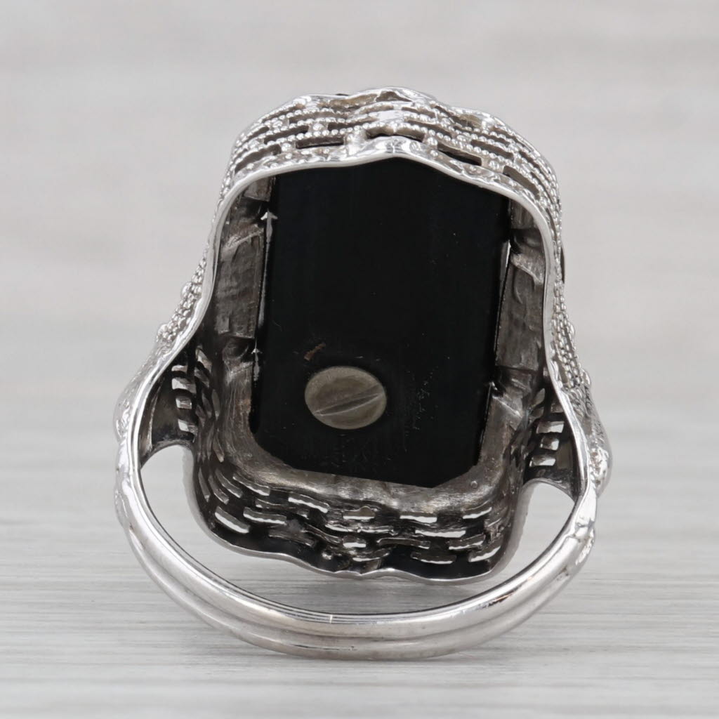 Gray Art Deco Bird Ring 14k White Gold Filigree Diamond Heart Parrots Peacocks Size 5