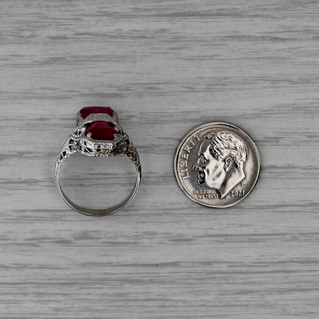 Art Deco Lab Created Ruby Filigree Ring 14k White Gold Size 5