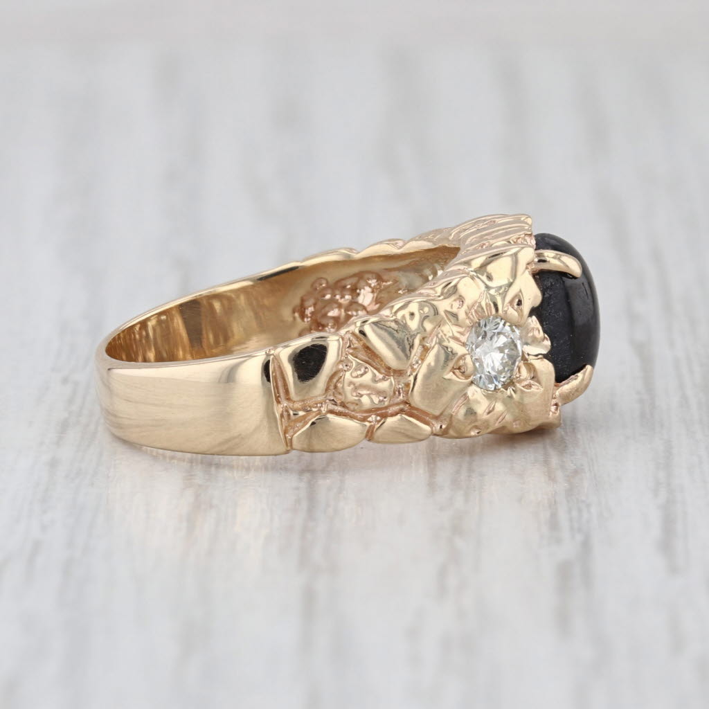 Black Star Sapphire Diamond Ring 14k Yellow Gold Nugget Pattern Size 8.5