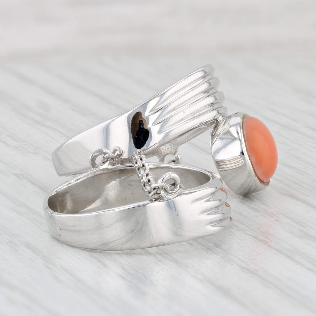 Light Gray Coral Linked 2 Ring Set 14k White Gold Size 8.75 & 7 Statement Unique Design