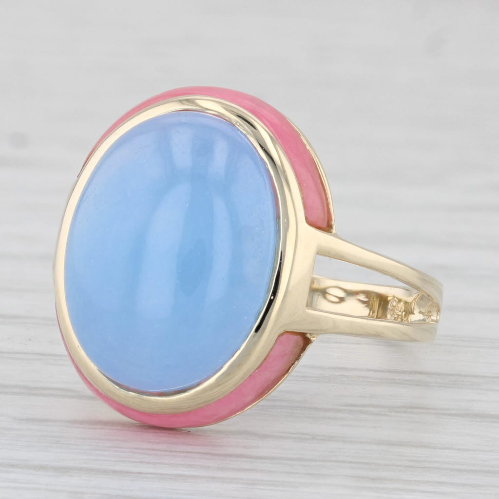 Light Gray Blue & Pink Jadeite Jade Oval Ring 14k Yellow Gold Size 8.25