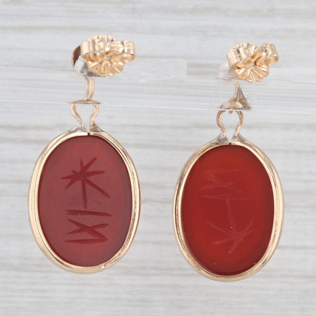 Light Gray Carved Carnelian Scarab Drop Earrings 14k Yellow Gold Pierced Dangles