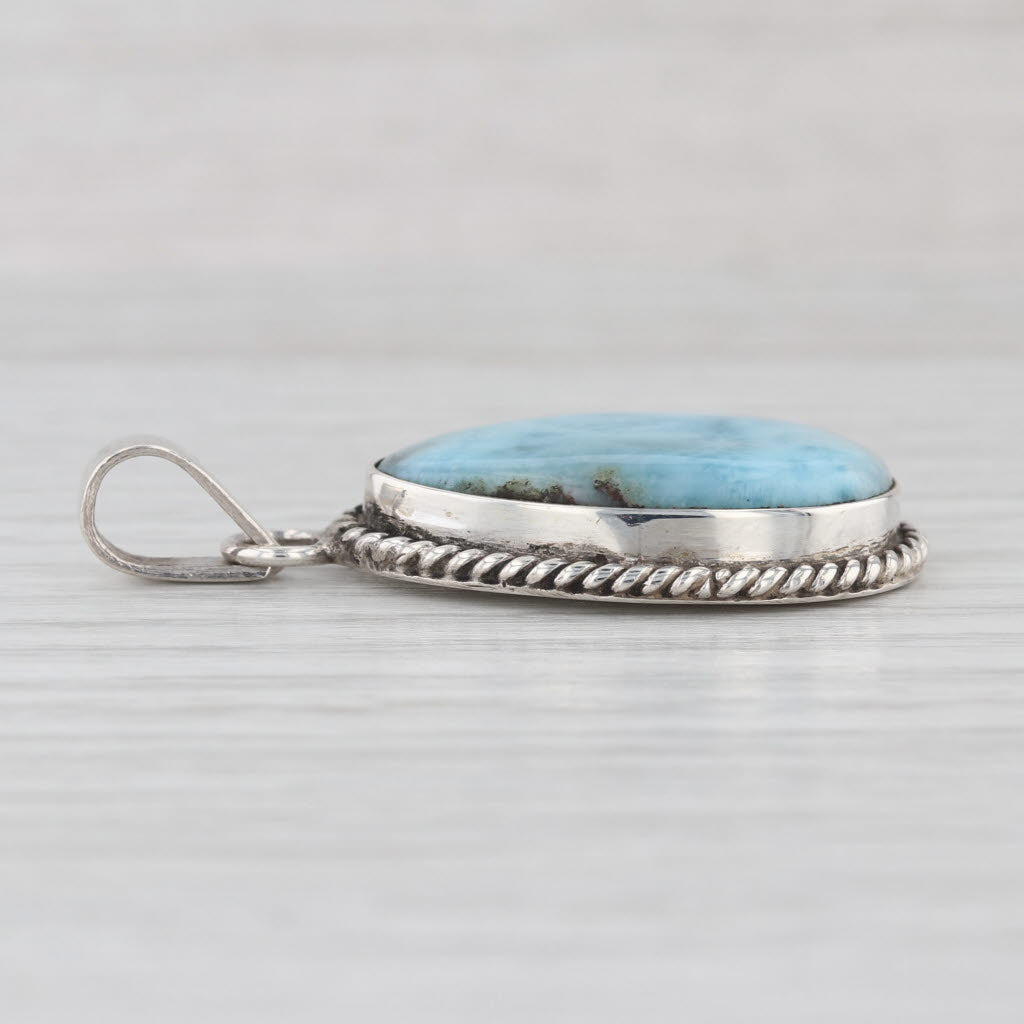 Blue Larimar Pear Cabochon Solitaire Pendant Sterling Silver Statement