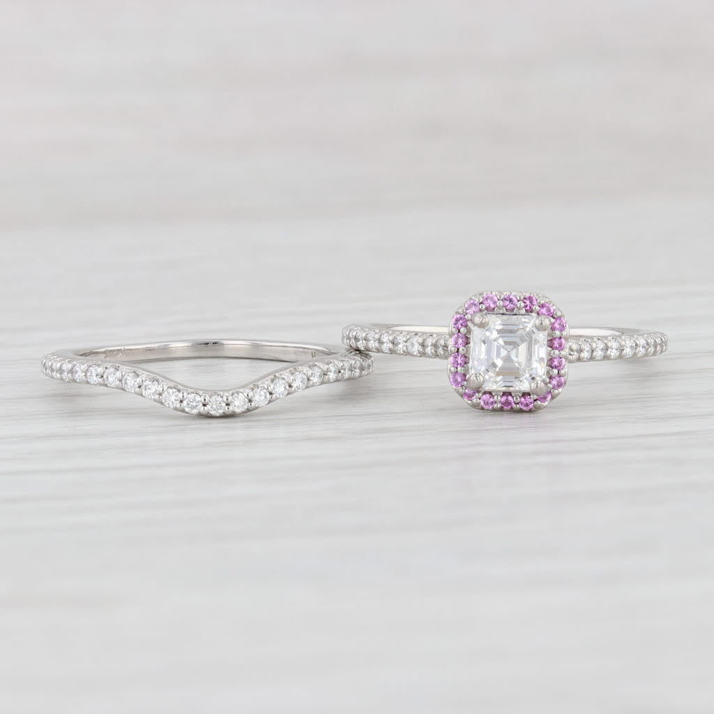 Light Gray GIA 1.13ctw Diamond Pink Sapphire Halo Engagement Ring Wedding Band Set Platinum