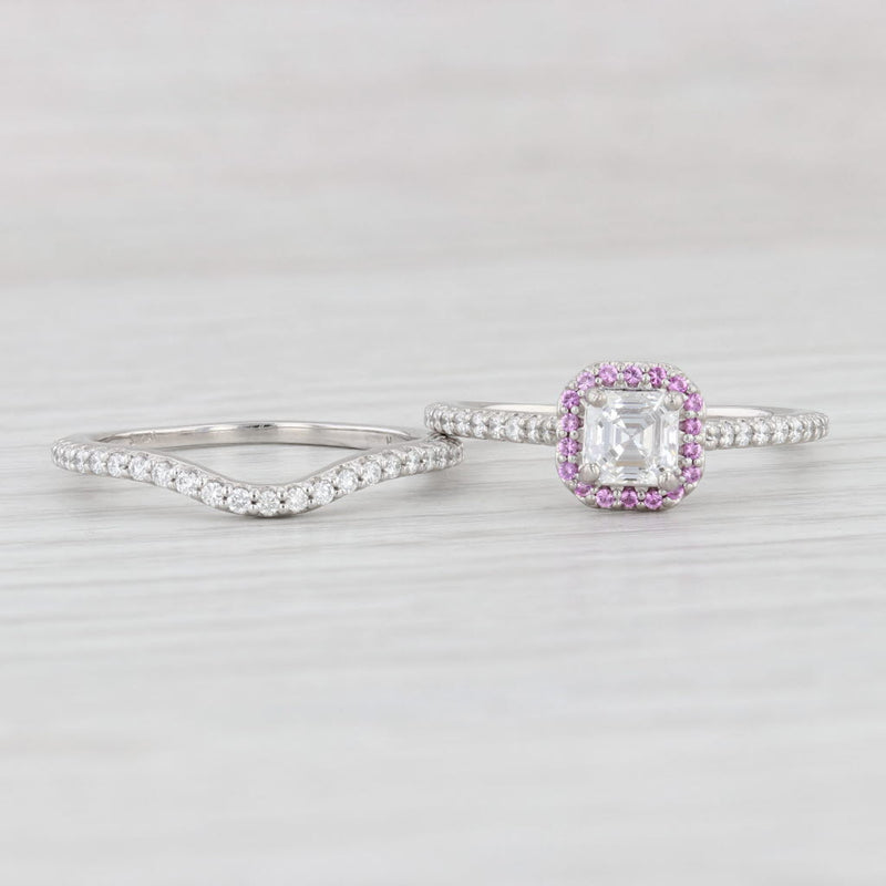 Light Gray GIA 1.13ctw Diamond Pink Sapphire Halo Engagement Ring Wedding Band Set Platinum