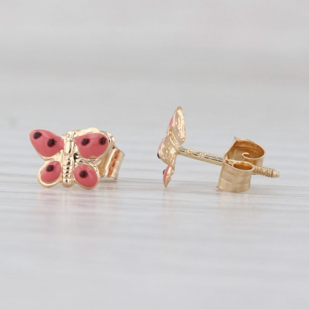 Little Butterfly Stud Earrings 14k Yellow Gold Pink Black Enamel Studs