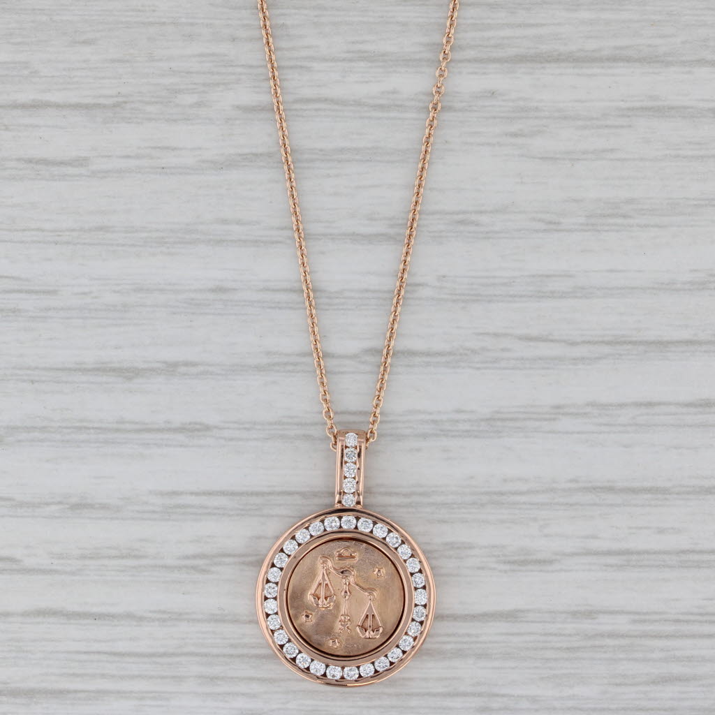 Gray 0.38ctw Diamond Halo Libra Zodiac Medallion Pendant Necklace 18k Rose Gold 18"