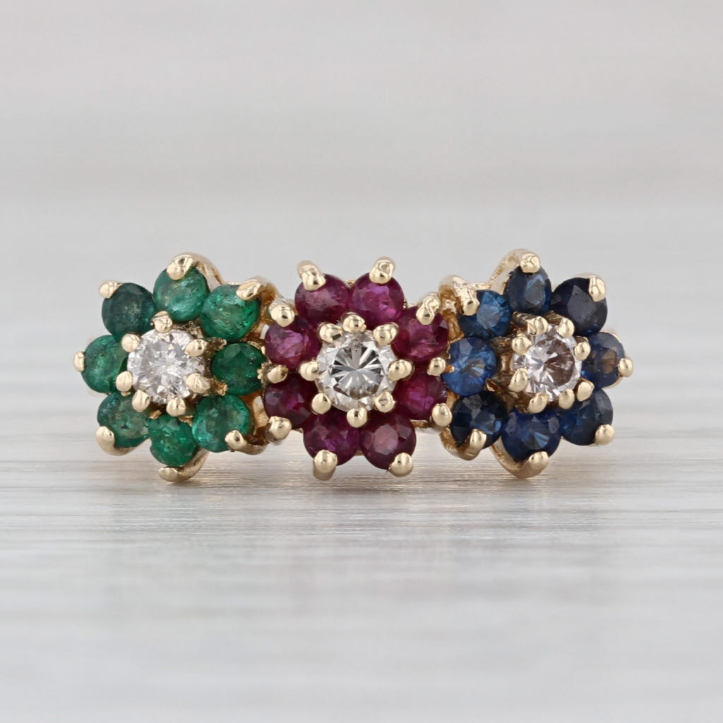 0.89ctw Diamond Emerald Ruby Sapphire Flowers Ring 14k Yellow Gold Size 6.25