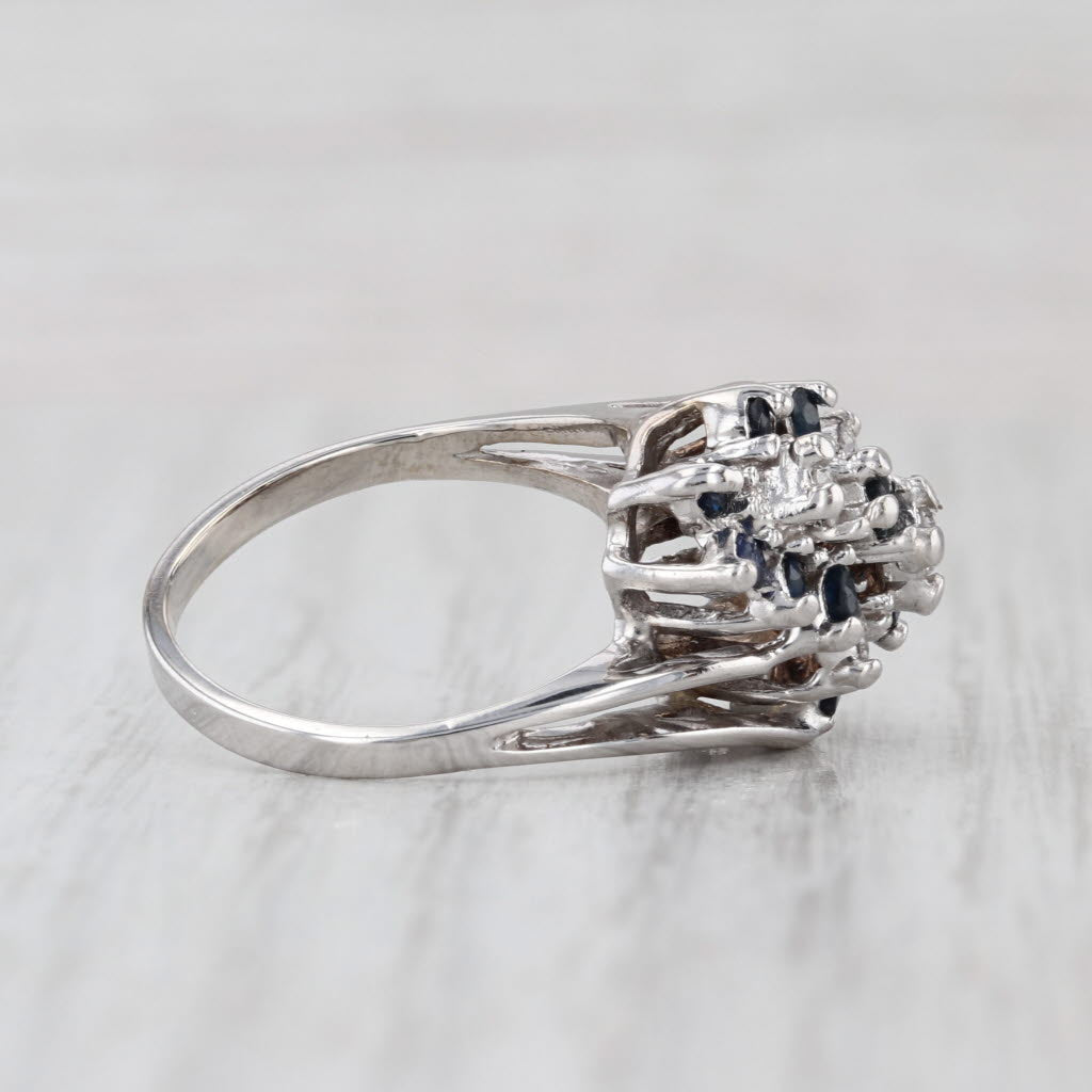 0.89ctw Blue Sapphire Diamond Flower Cluster Bypass Ring 14k White Gold Size 6