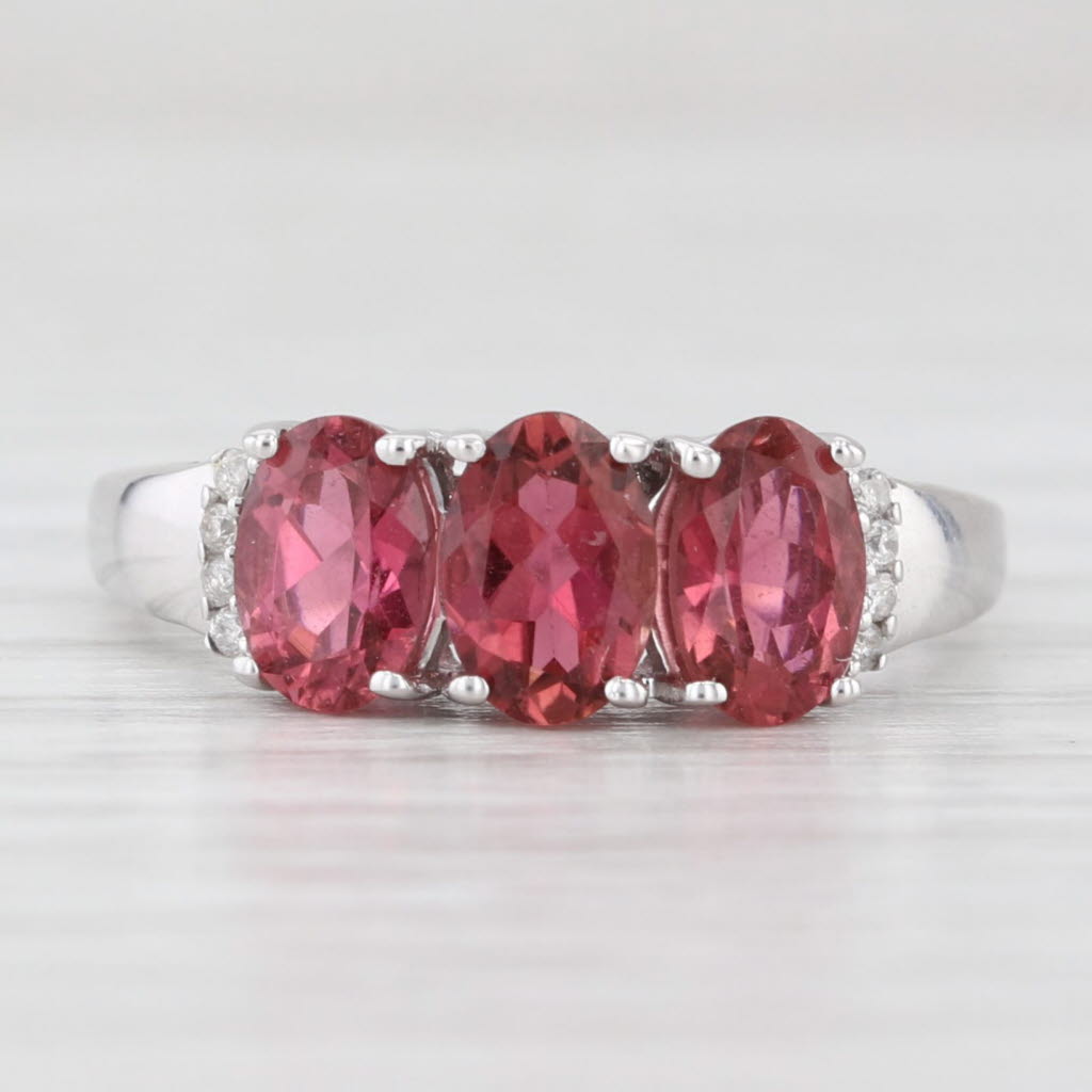 Light Gray 1.41ctw Rubellite 3-Stone Ring 10k White Gold Size 5.25 Diamond Accents
