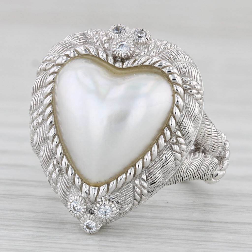 Light Gray Judith Ripka Faux Pearl Heart Ring Sterling Silver Cubic Zirconia Sz 7 Statement