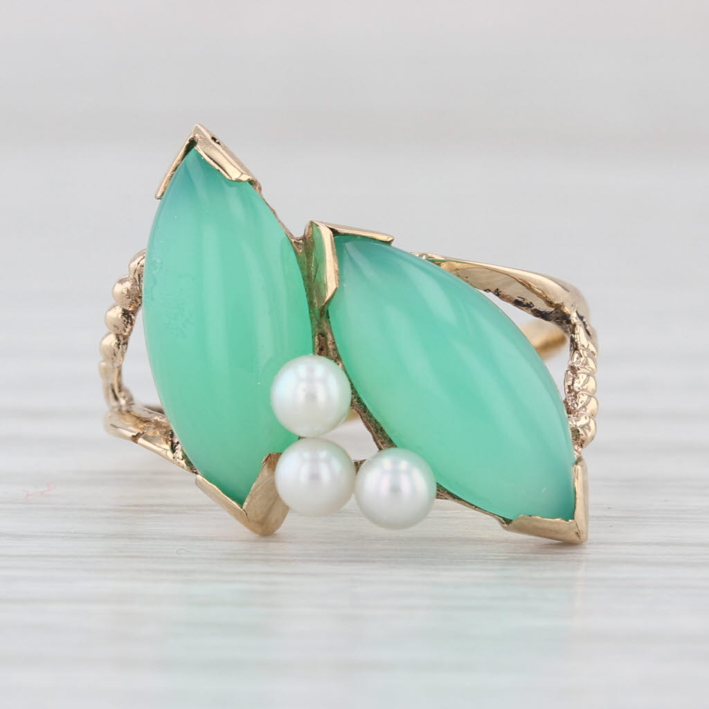 Green Chrysoprase Cultured Pearl Bypass Ring 10k Yellow Gold Size 7.5
