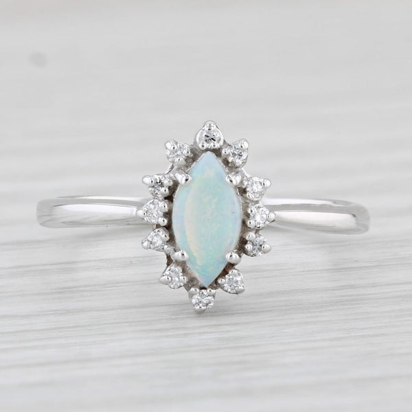 Marquise Cabochon Opal Diamond Halo Ring 10k White Gold Size 8.25