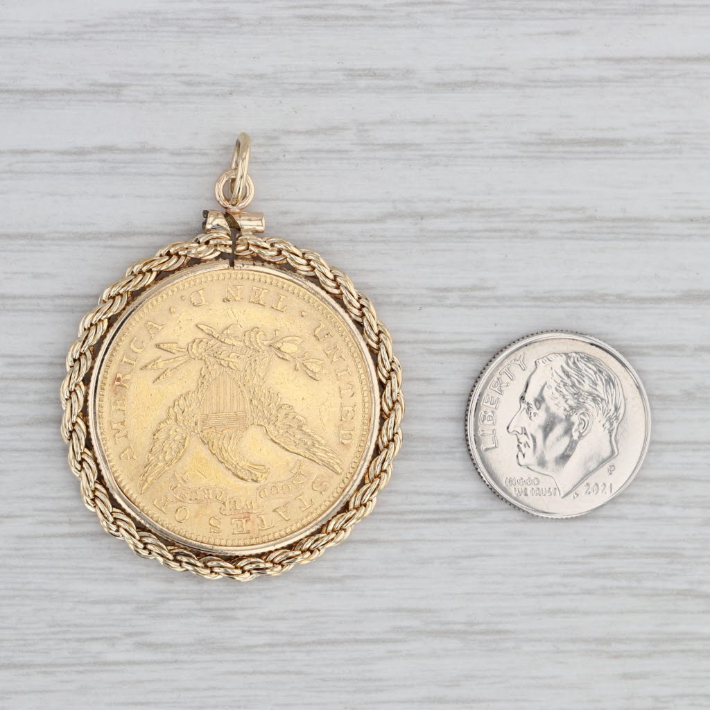 Gray Authentic 1882 Liberty Coin Pendant 22k Coin 14k Bezel 10 Dollar Medallion Charm