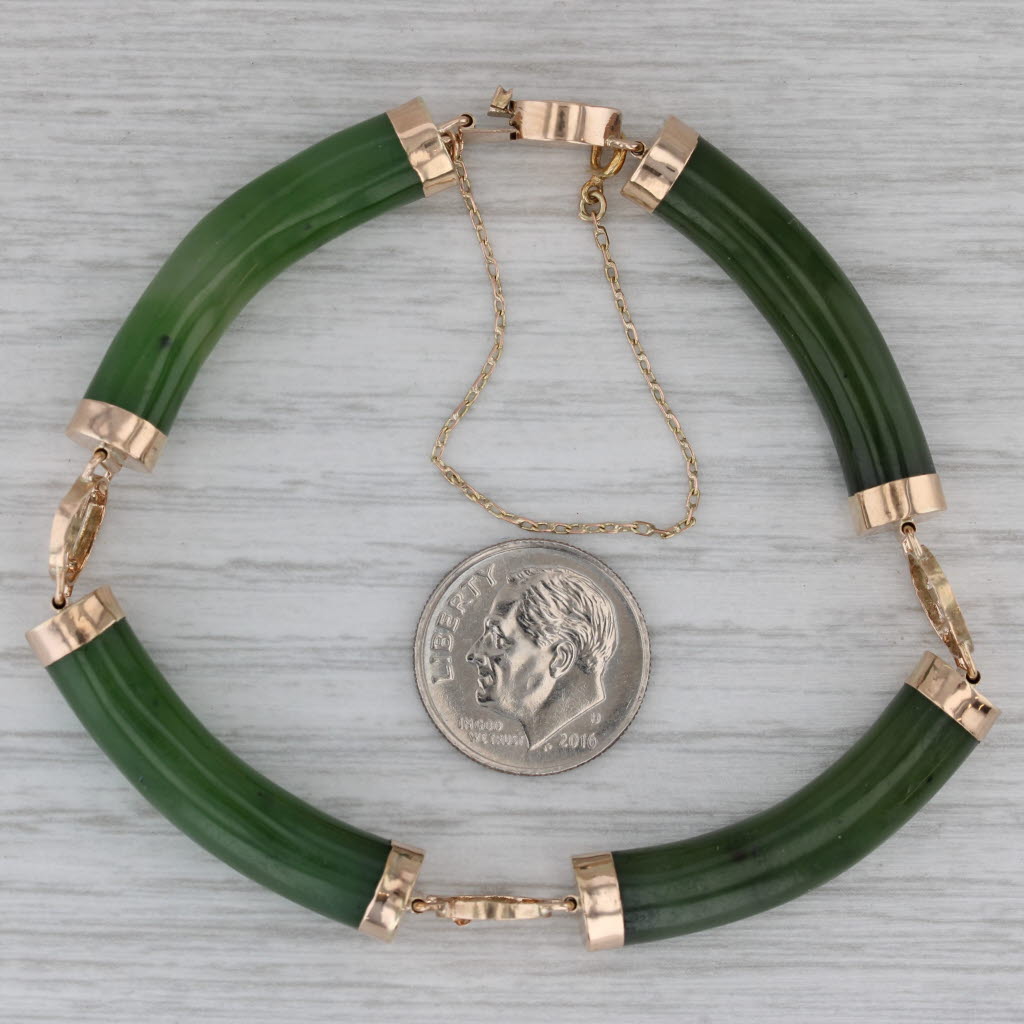 Dark Gray Nephrite Jade Chinese Character Bracelet 14k Yellow Gold 6 3/4" 7.3mm