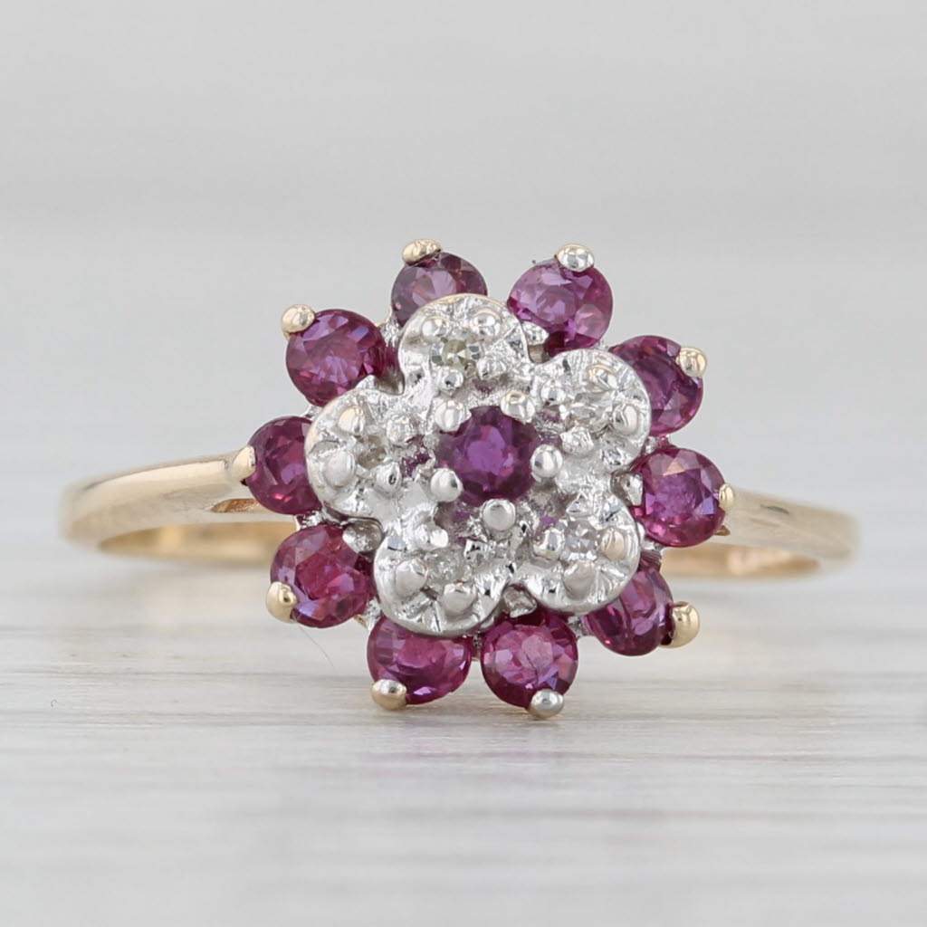 Light Gray 0.45tw Ruby Diamond Flower Ring 10k Yellow Gold Size 6