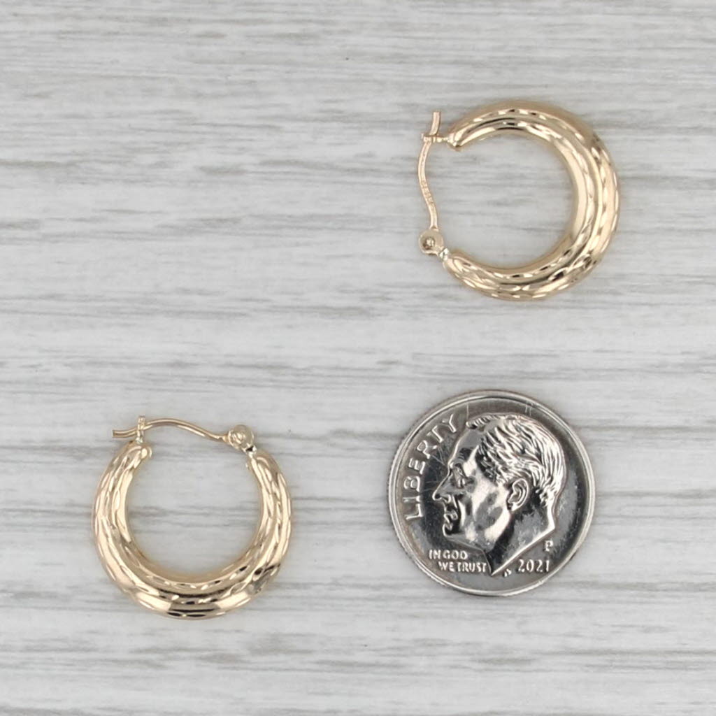 Etched Hoop Earrings 14k Yellow Gold Snap Top Round Hoops