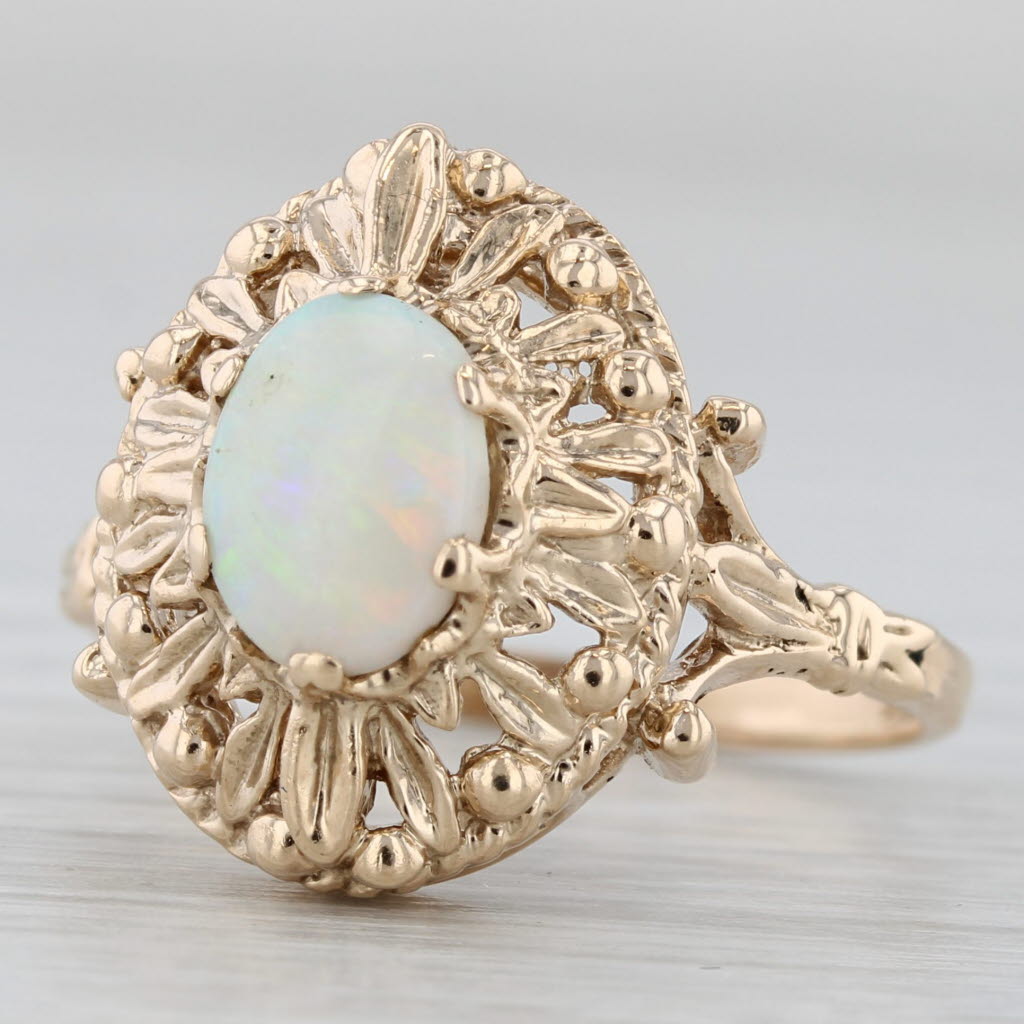 Gray Opal Oval Cabochon Solitaire Ring 10k Yellow Gold Vintage Ornate Size 7