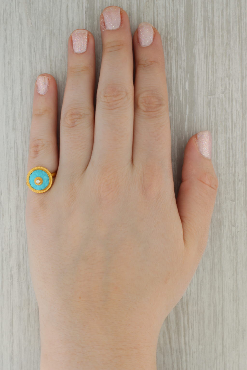 Rosy Brown Cevherun Rosette Carved Turquoise Flower Diamond Ring 24k Yellow Gold Size 7.25