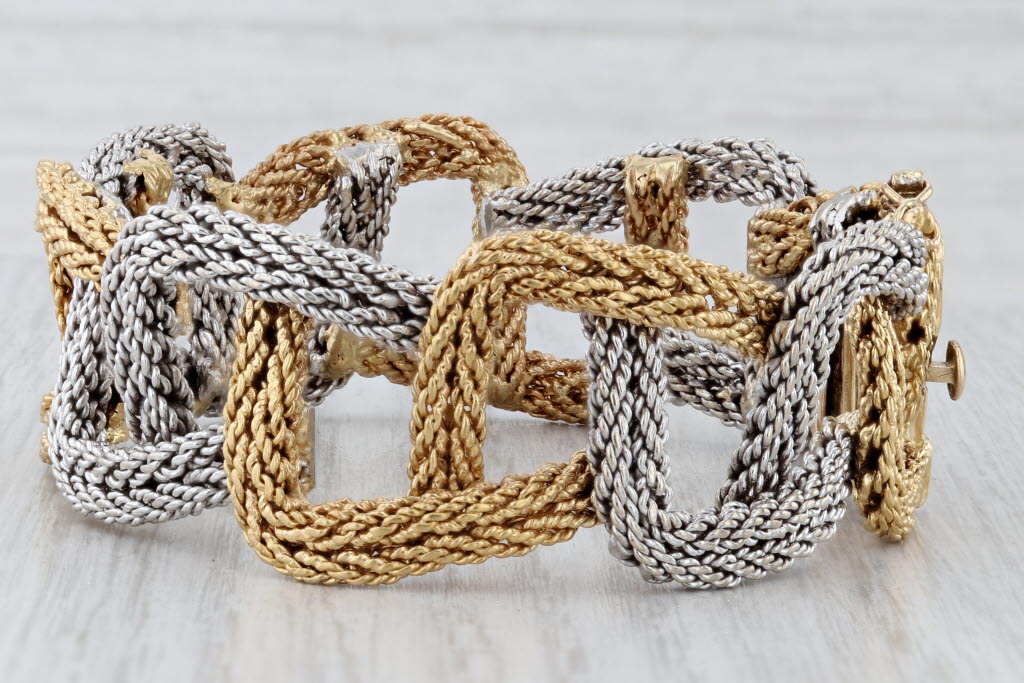 Gray Cartier Woven Yellow White Gold Bracelet w/ Box 18k 6.75" Designer Statement