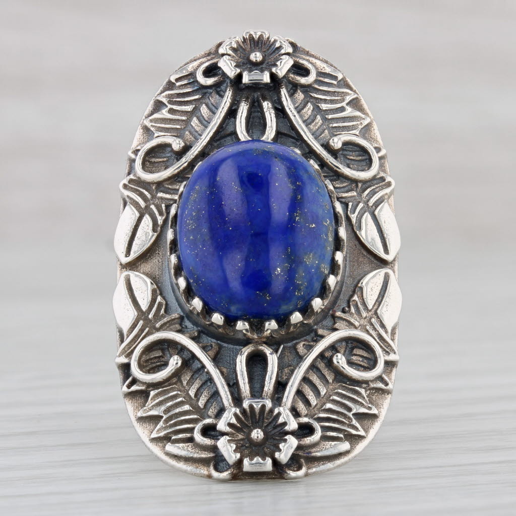 Light Gray Southwestern Lapis Lazuli Floral Statement Ring Sterling Silver Sz 8.25 Vintage