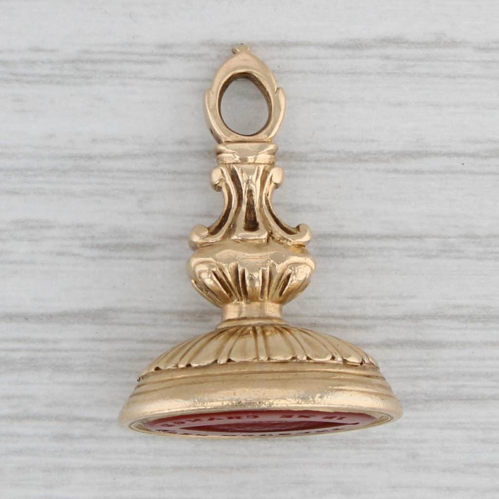 Gray Antique Carnelian Intaglio Fob Charm Pendant 14k Gold Je Ne Change Qu'en Mourant