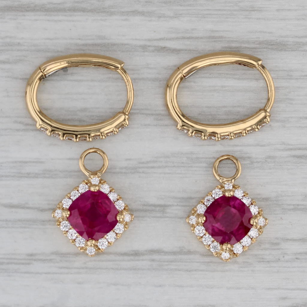 Gray Gem Zar 2.62ctw Ruby Diamond Halo Convertible Hoop Charm Earrings 18k Gold