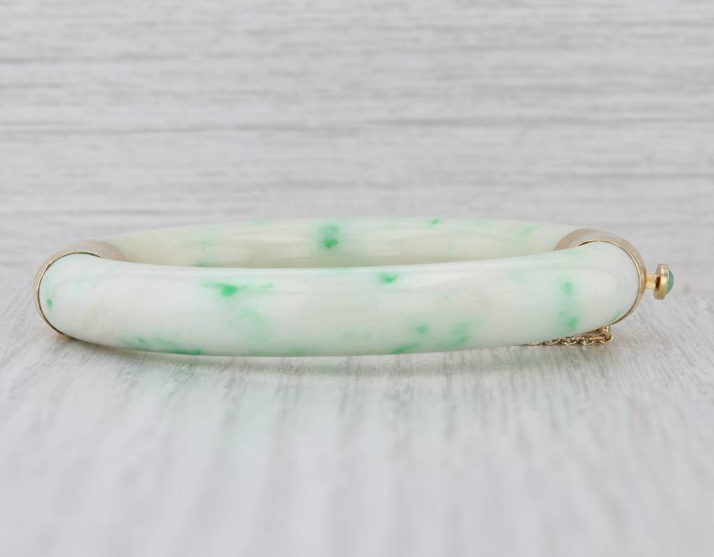 Green Jadeite Jade Bangle Bracelet Floral 14k Yellow Gold 7" 10.1mm