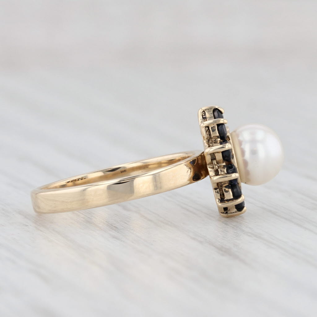 Light Gray Cultured Pearl Blue Sapphire Halo Ring 14k Yellow Gold Size 5