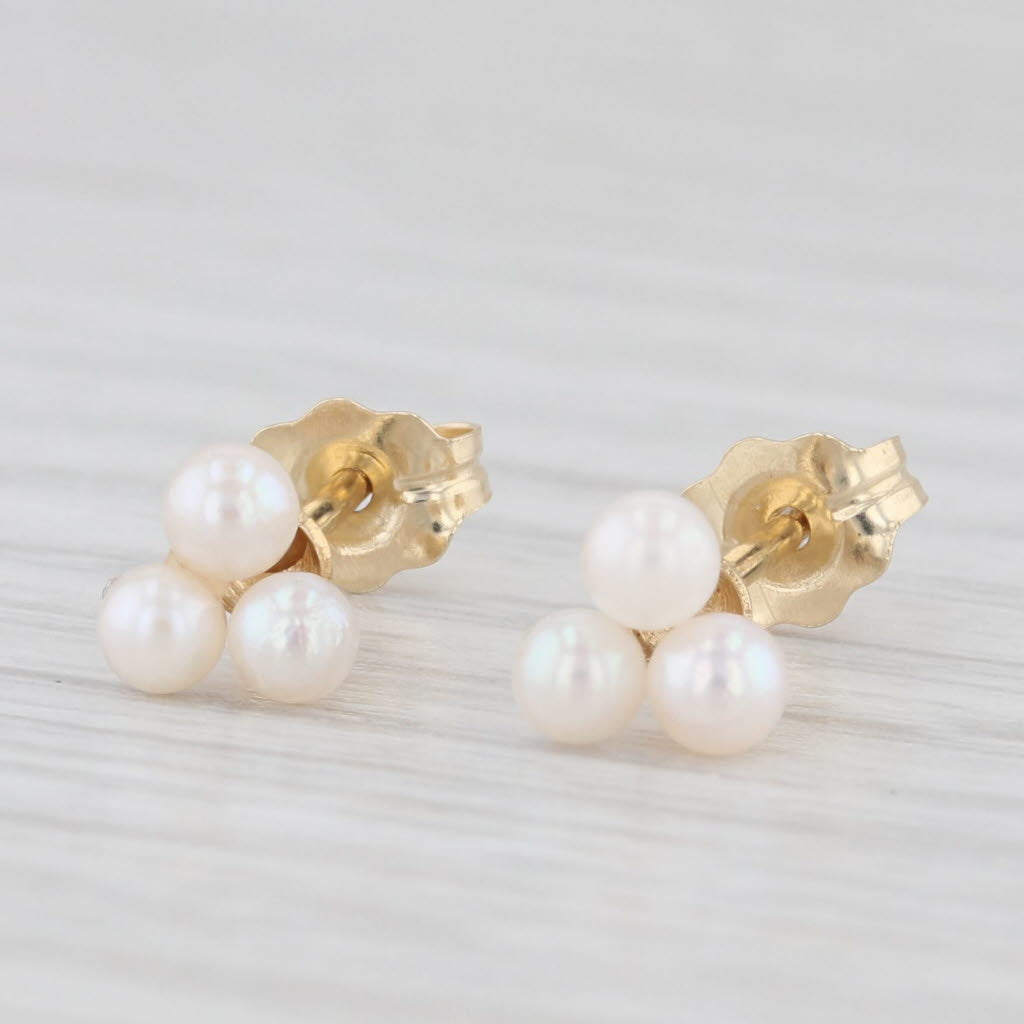 Light Gray 3-Stone Cluster Cultured Pearl Stud Earrings 10k Yellow Gold