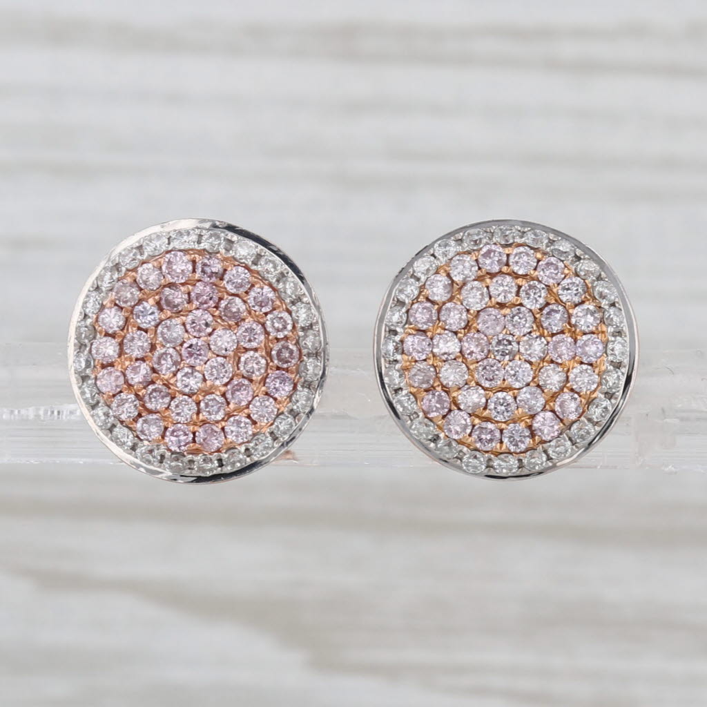 1.16ctw White Pink Contoured Diamond Stud Earrings 18k Rose Gold Heart Accents