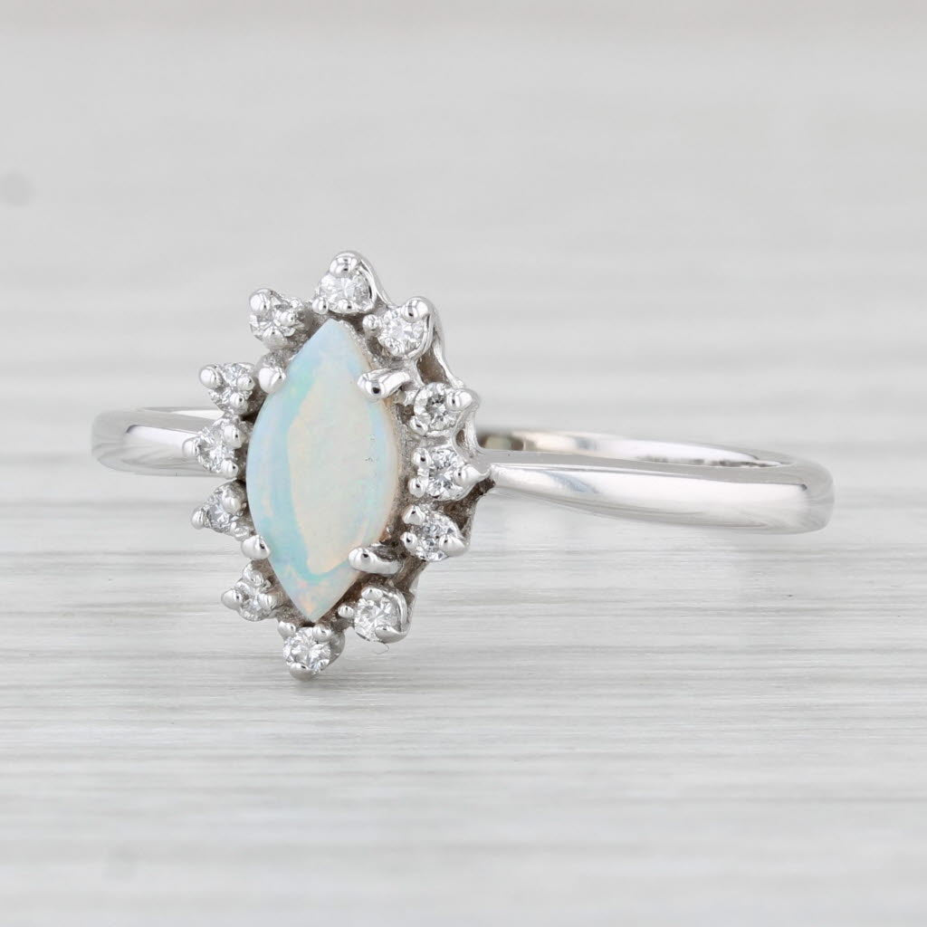 Light Gray Marquise Cabochon Opal Diamond Halo Ring 10k White Gold Size 8.25