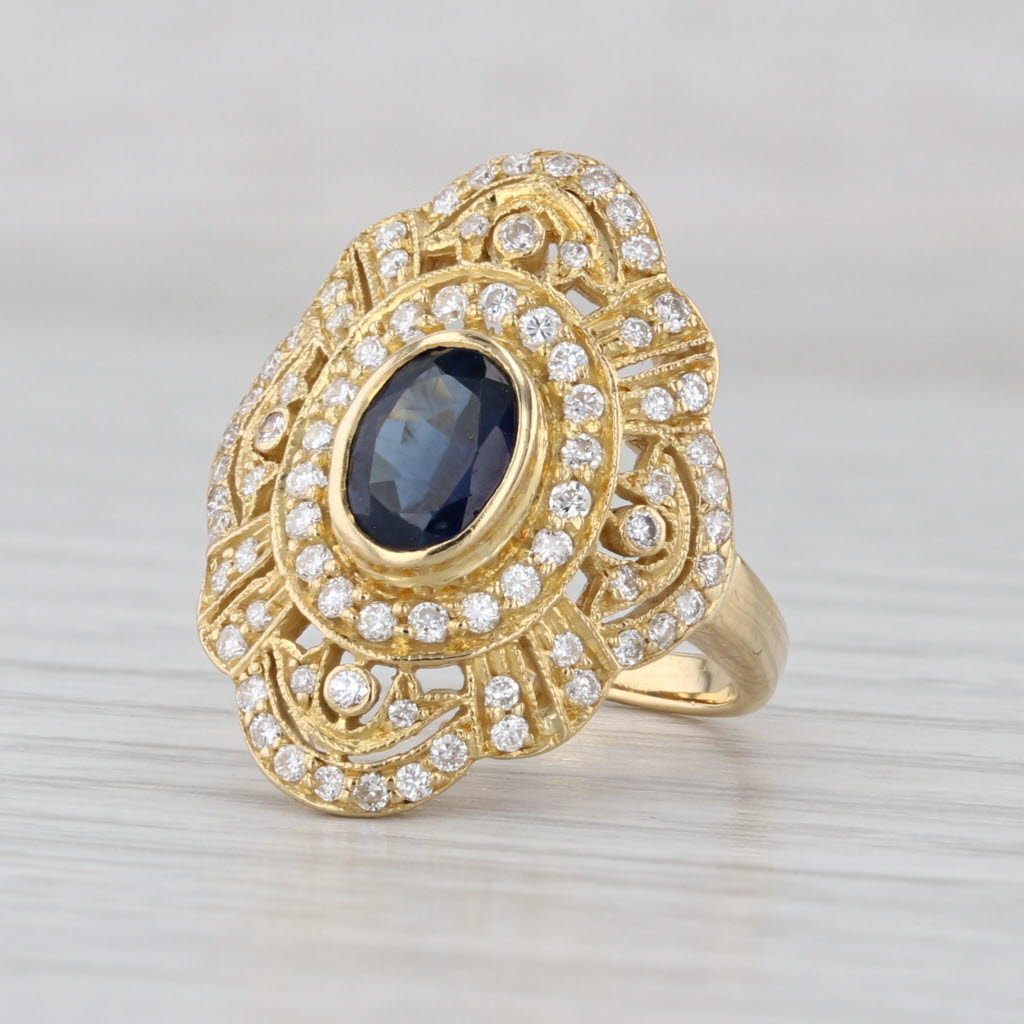 1.41ctw Oval Blue Sapphire Diamond Halo Ring 18k Yellow Gold Ornate Size 4.5