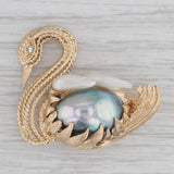 Cultured Pearl Shell Diamond Swan Brooch 14k Yellow Gold Statement Pin