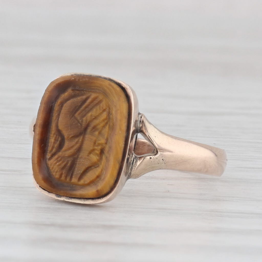 Light Gray Antique Tiger's Eye Cameo Ring 7k Yellow Gold Size 4.75 Figural