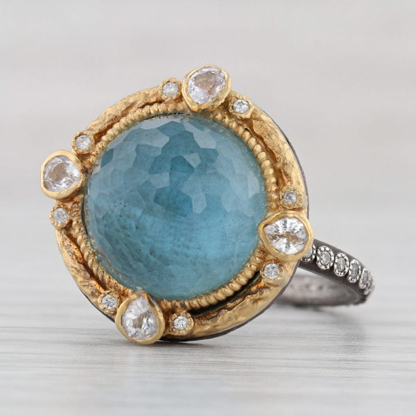 Light Gray Turquoise Moonstone Doublet Diamond Ring 18k Gold Sterling Silver Size 6.5