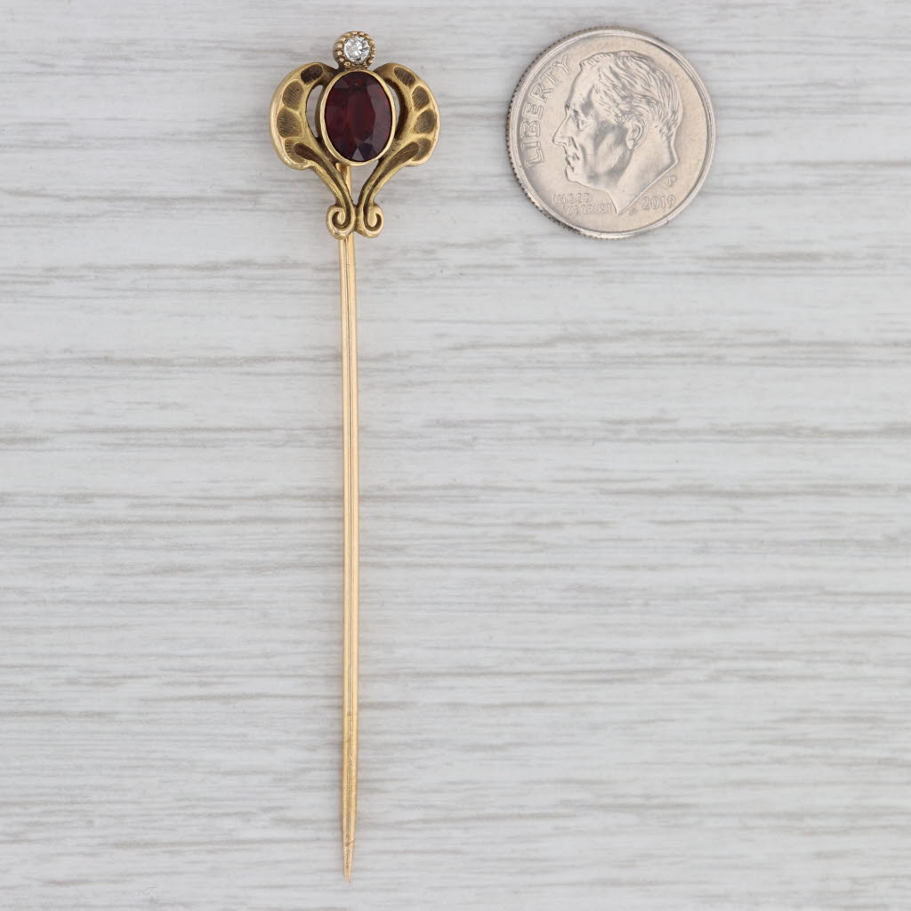 Light Gray Art Nouveau 1.29ctw Garnet Diamond Stickpin 14k Yellow Gold Vintage Pin