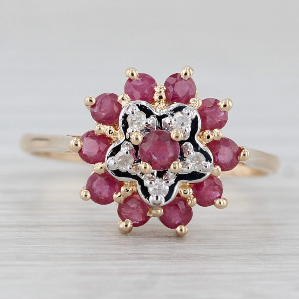 Gray 0.81ctw Diamond Ruby Flower Ring 14k Yellow Gold Size 6.25