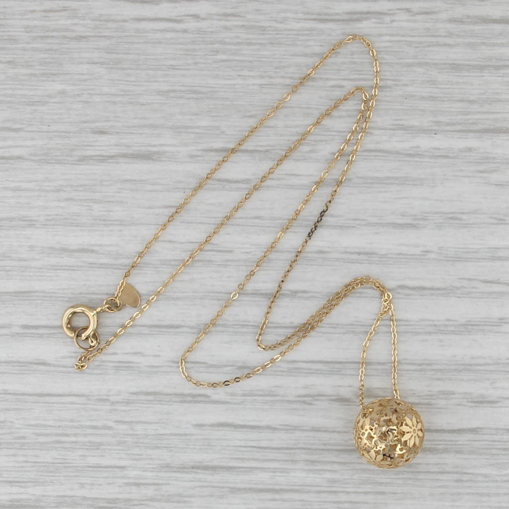 Openwork Flower Bead Pendant Necklace 14k Yellow Gold 16" Cable Chain