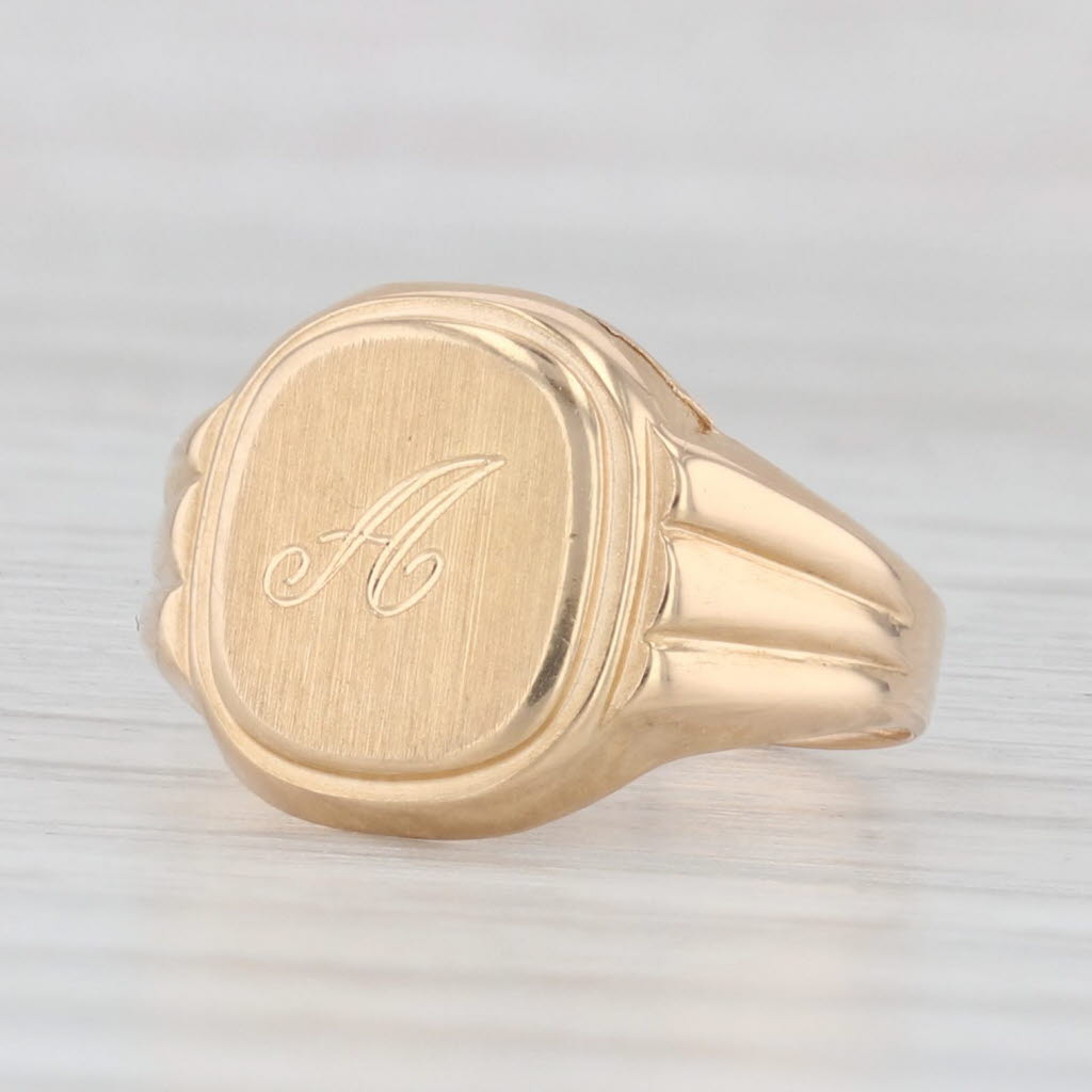 Light Gray Letter Initial A Signet Ring 18k Yellow Gold Small Size 2.75