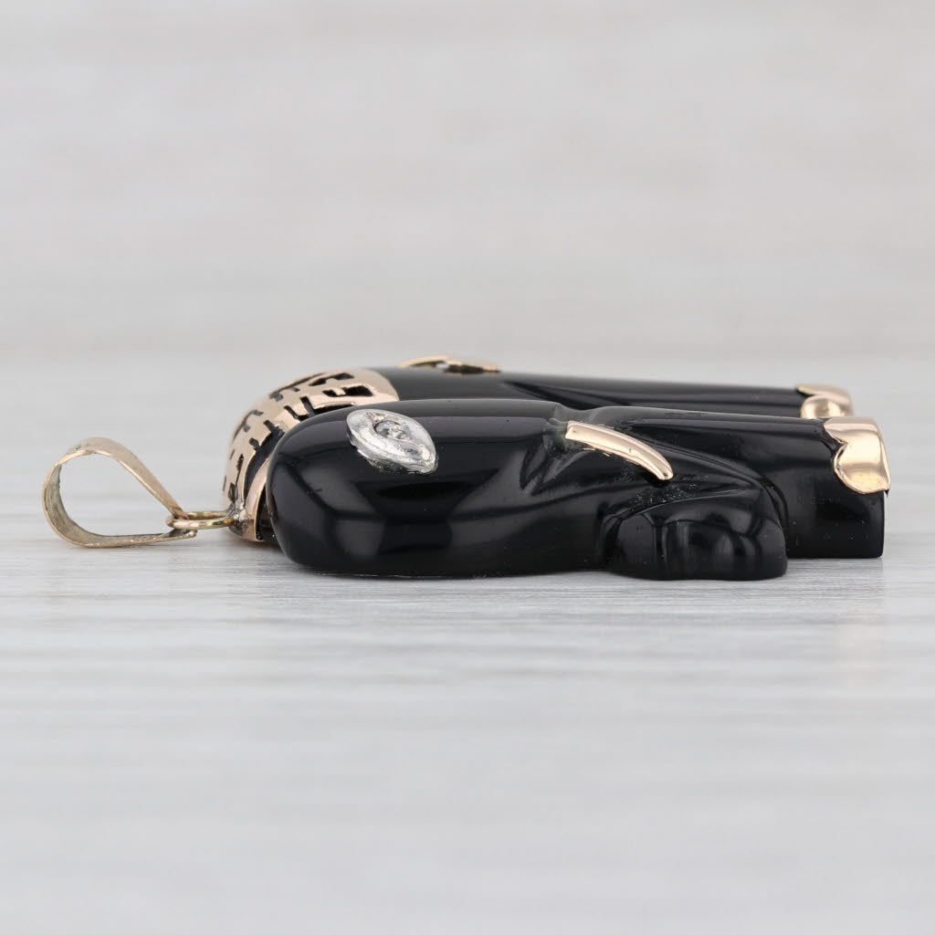 Carved Black Glass Elephant Pendant 14k Gold Longevity Chinese Calligraphy