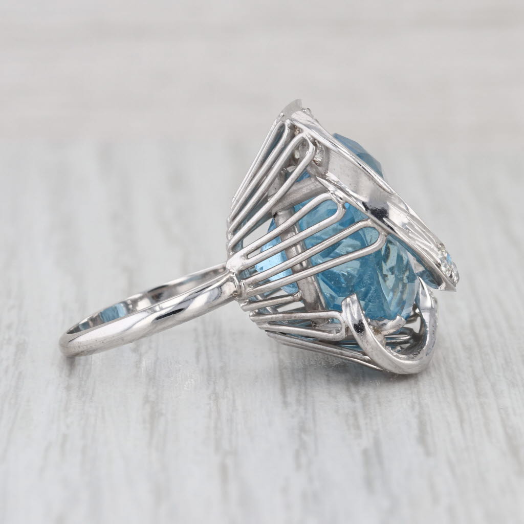 25.97ctw Aquamarine Diamond Swirl Cocktail Ring 10k-13.5 White Gold Size 8