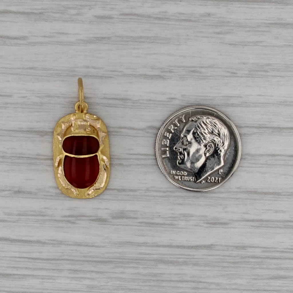 Egyptian Scarab Charm 18k Yellow Gold Red Carnelian Bug Pendant