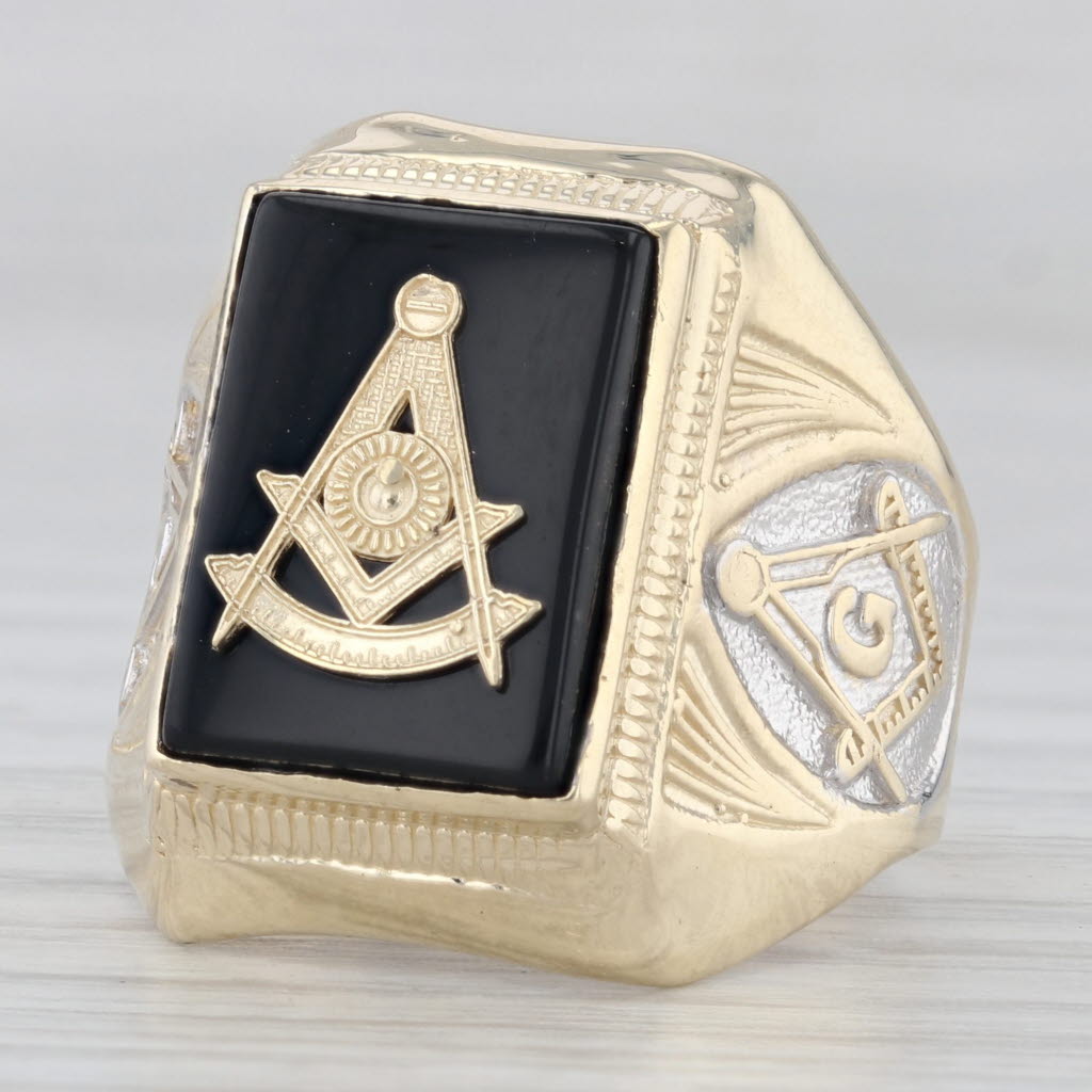 Light Gray Past Master Mason Signet Ring 10k Gold Onyx Square Compass Sun Masonic Size 9