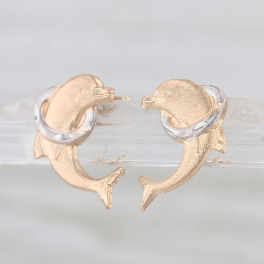 Dolphins through Hoops Stud Earrings 14k Rose Yellow White Gold Small Studs