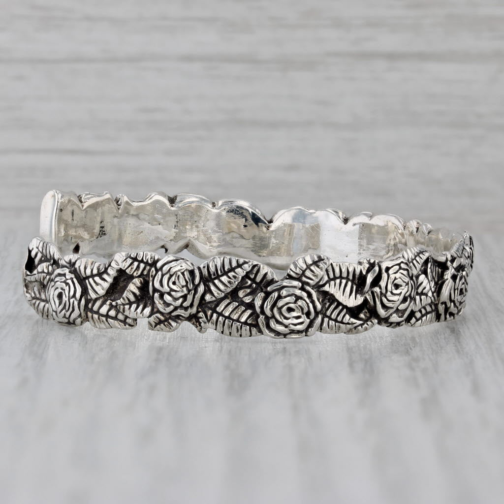 Gray Vintage Floral Blooming Rose Cuff Bracelet Sterling Silver 7" Adjustable