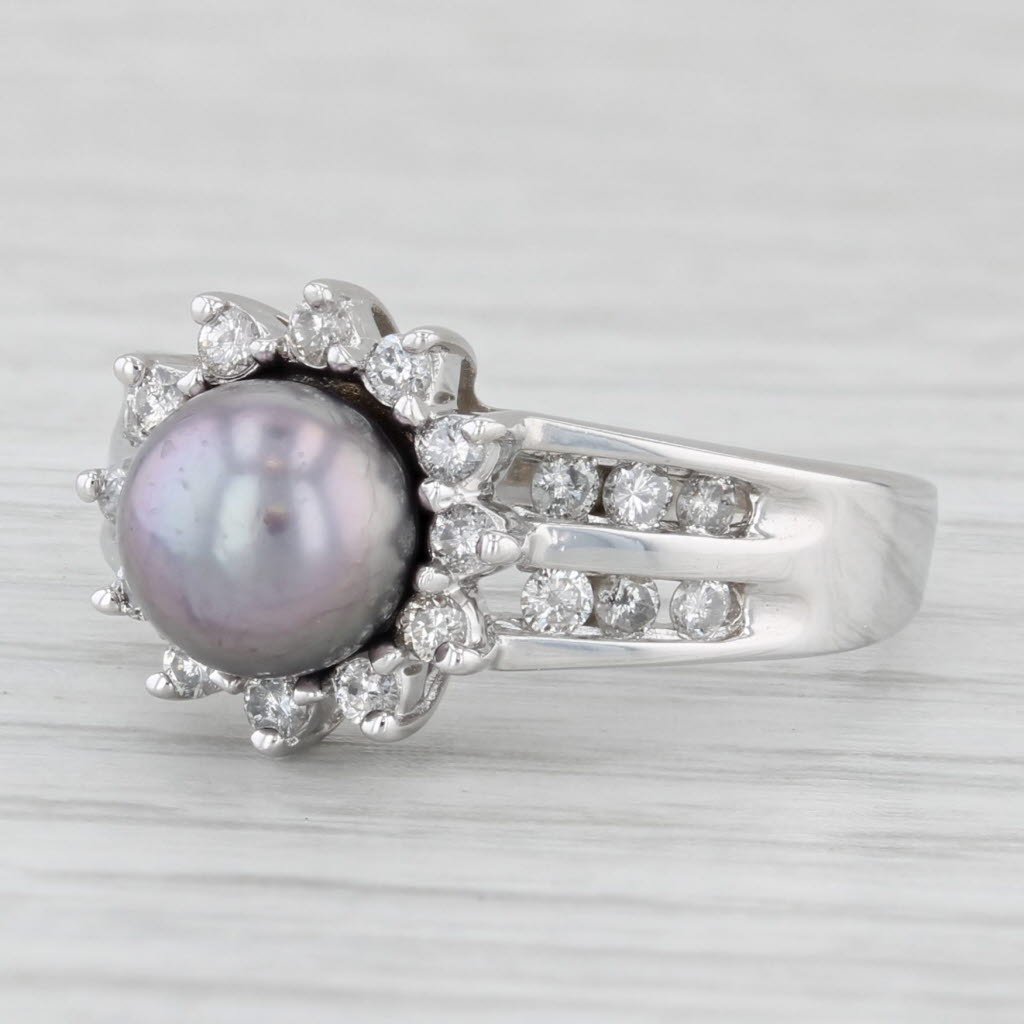 Light Gray Black Cultured Pearl Diamond Halo Ring 14k White Gold Size 5.5