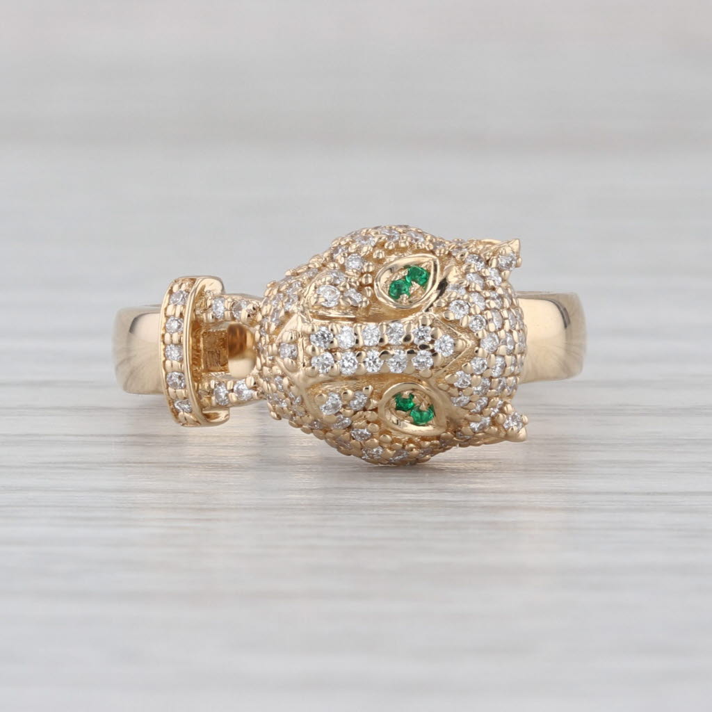 0.29ctw Diamond Panther Door Knocker Ring 10k Yellow Gold Emerald Eyes Size 7.25