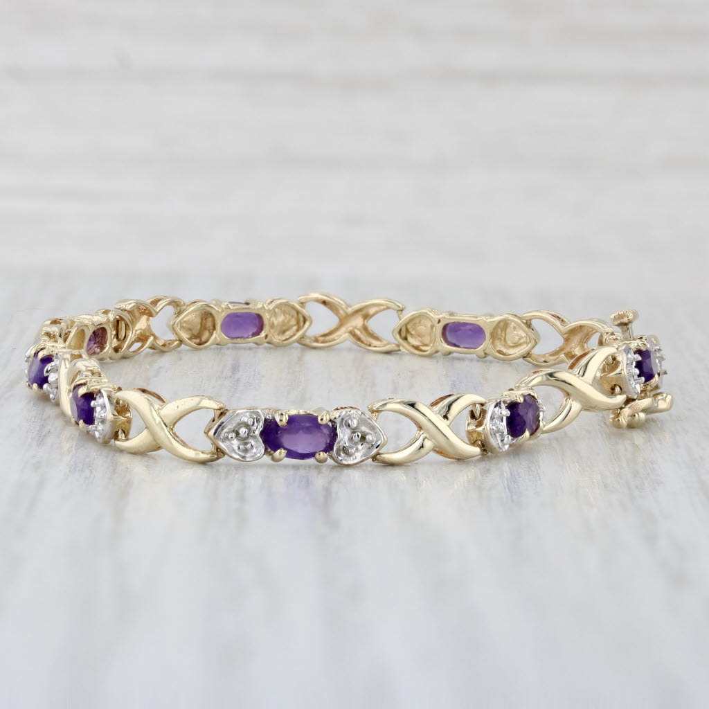 Light Gray 1.80ctw Amethyst Diamond Bracelet 10k Yellow Gold 6.75" Hearts Infinity Links