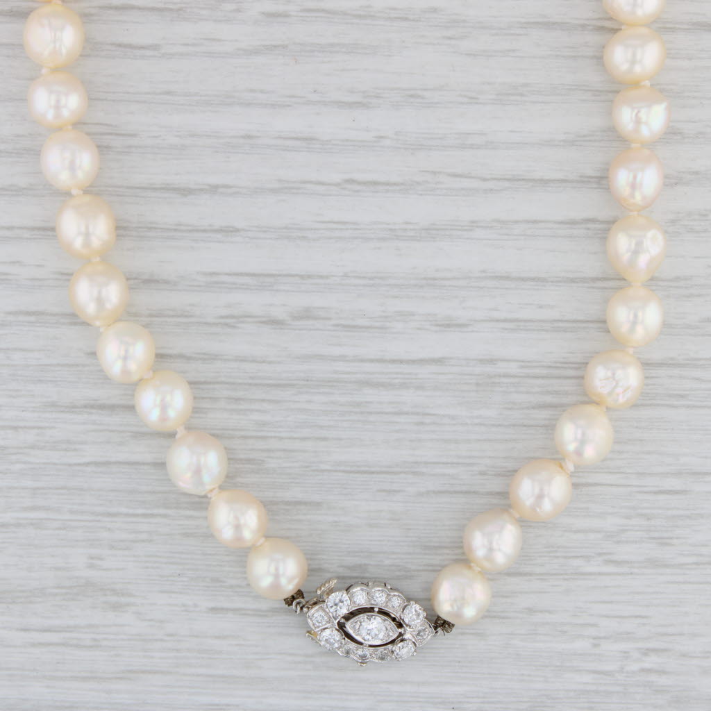 Gray Antique 0.80ctw Diamond Pearl Strand Necklace 14k Gold Platinum 18.5”